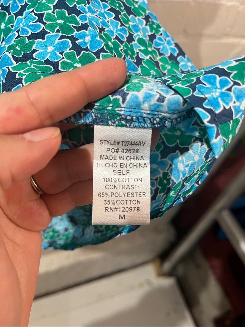 entro Blue and Green Floral Popover Top with Navy Trim - Picture 3 of 6